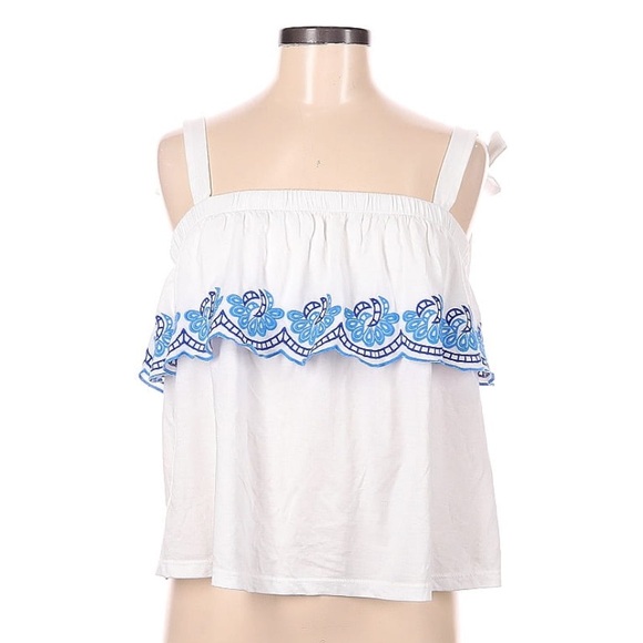 Lilly Pulitzer Benita white top ruffle edge blue embroidery - Picture 2 of 5